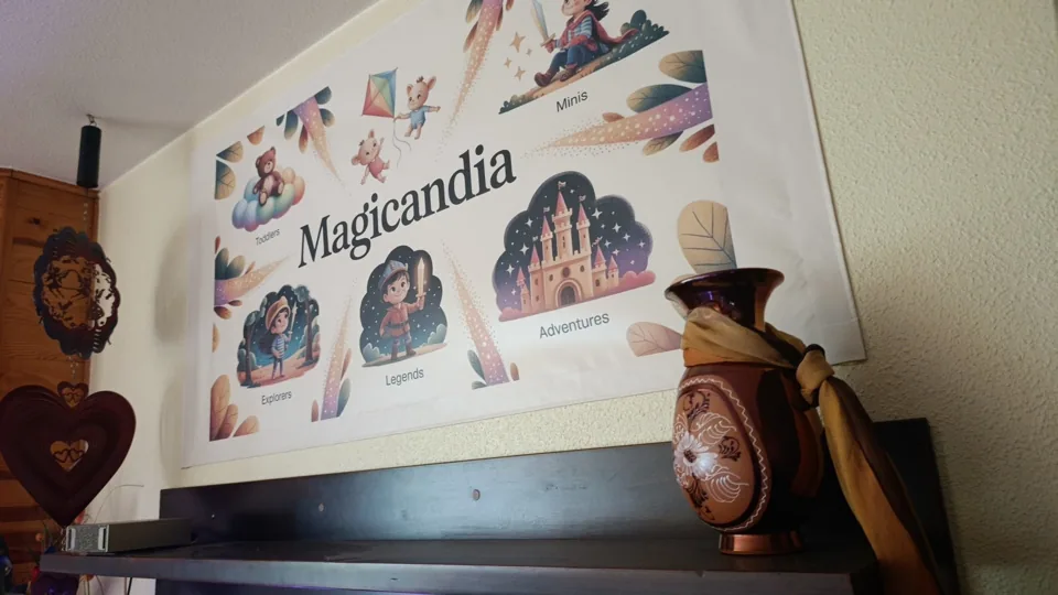 El logo grande de Magicandia en el salón-oficina y, a su lado, el jarrón hecho a mano por María, la madre de Lucas Valera, con el pañuelo que llevaba al cuello