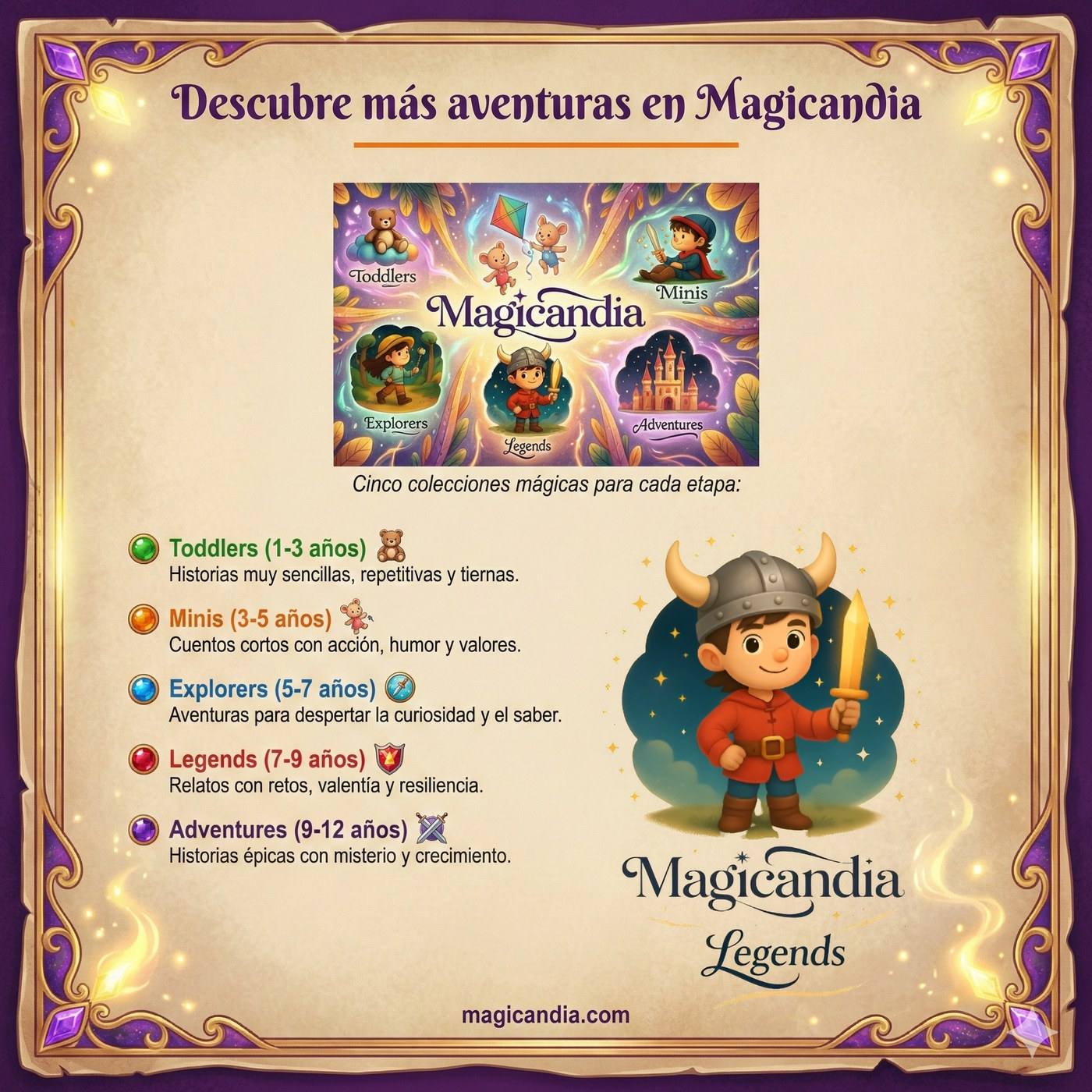 Las cinco colecciones de Magicandia con la edad de cada una: Toddlers 1-3, Minis 3-5, Explorers 5-7, Legends 7-9 y Adventures 9-12. Más cuentos en magicandia.com