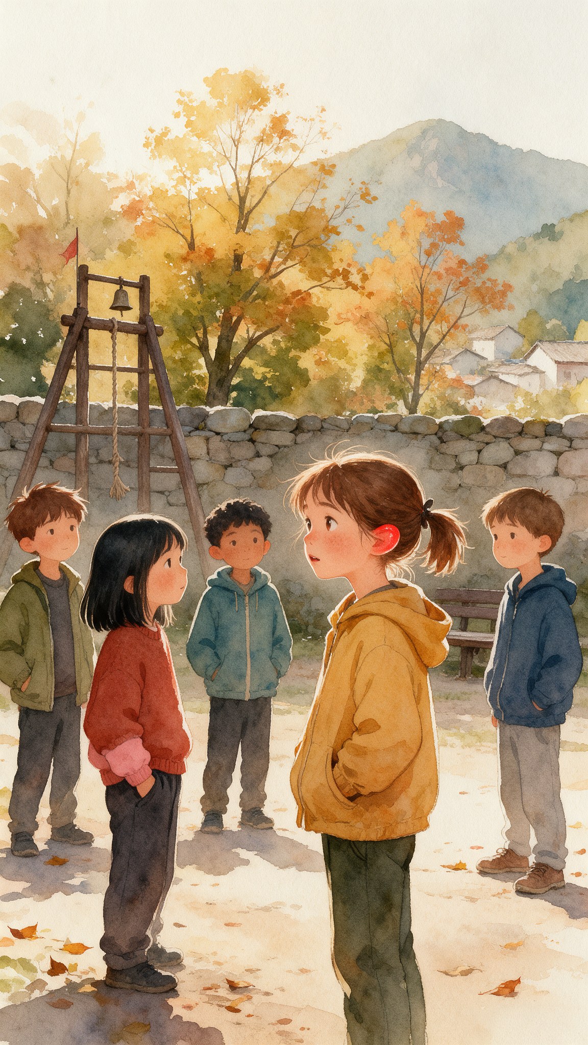 En el patio del colegio, Vera está de pie frente a Tosca con las orejas coloradas y la boca recién cerrada, como quien acaba de decir algo. Tosca, de pelo negro y jersey rojo, la mira muy seria. Otros tres niños miran también. Detrás hay un muro de piedra, árboles de otoño y las casas del pueblo.