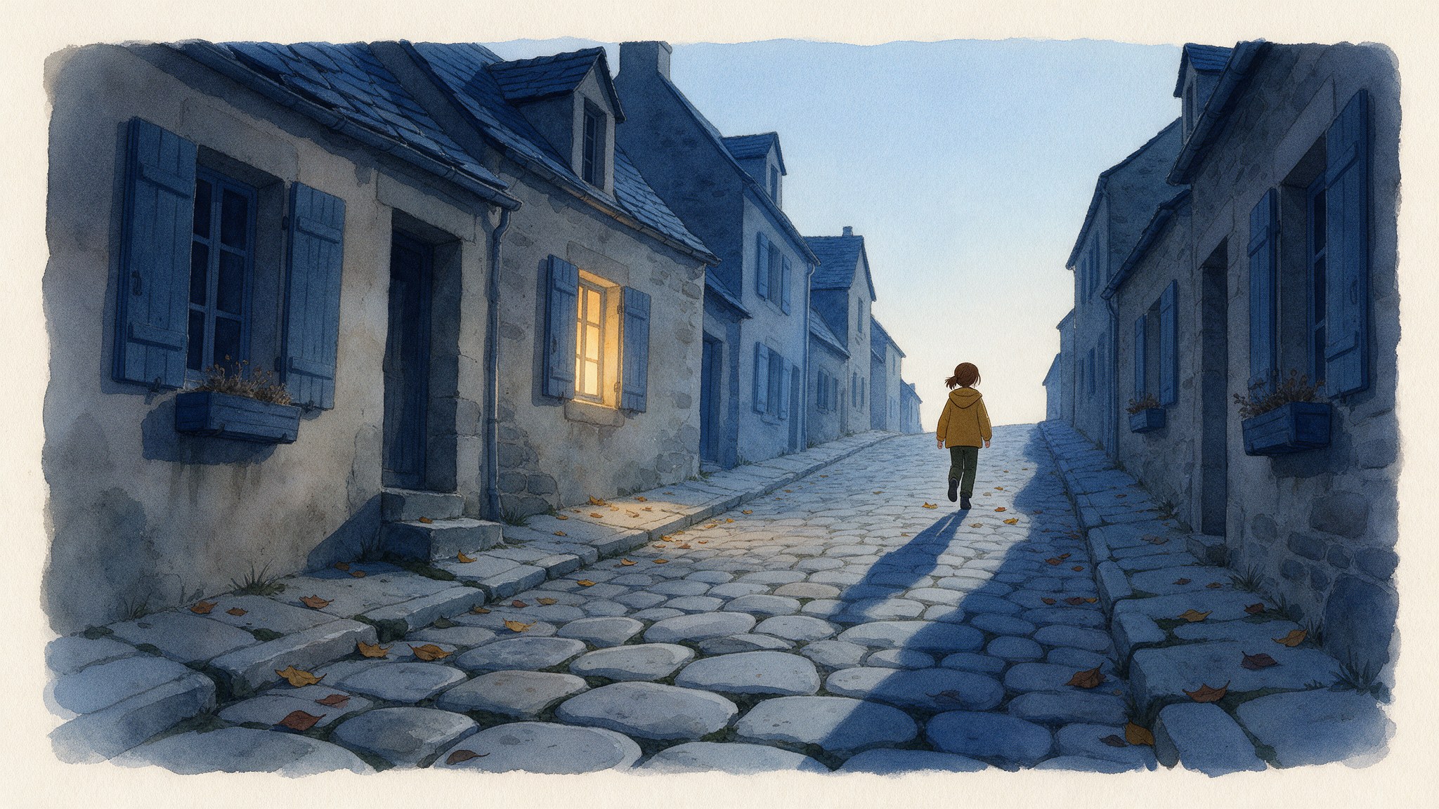 Una calle empedrada que sube entre casas de piedra con las contraventanas cerradas, en la luz azul de antes de amanecer. La calle está vacía y hay hojas de otoño sueltas en las piedras. Solo una ventana está encendida. Arriba del todo, pequeña y sola, Vera sube de espaldas con su chaqueta amarilla.