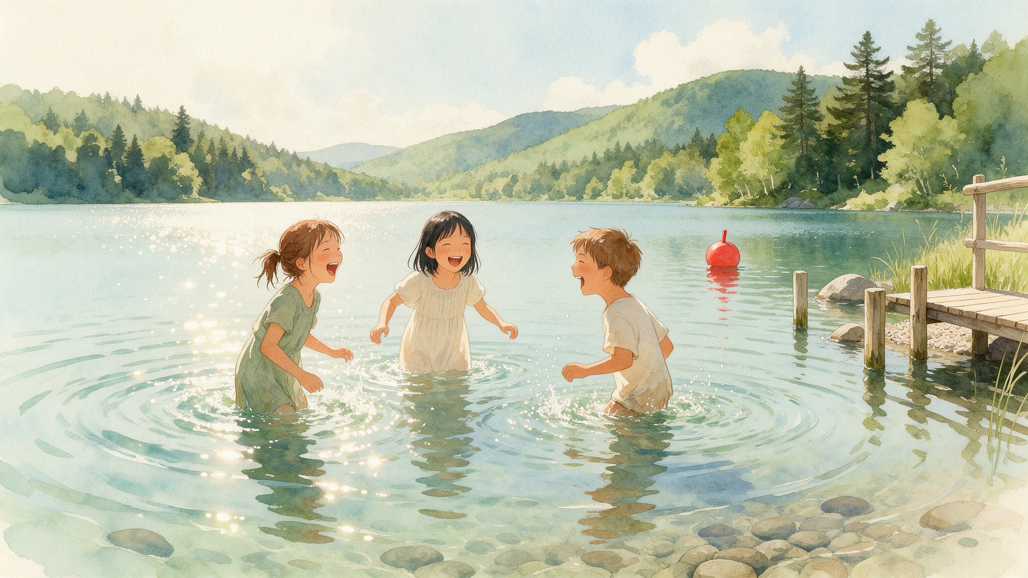 En un lago de montaña en verano, tres niños están de pie en el agua hasta la cintura, riéndose y salpicándose: Vera, de pelo castaño, Tosca, de pelo negro, y un niño. A la derecha hay un embarcadero de madera y, un poco más allá, una boya roja flotando. Detrás, colinas verdes y pinos.