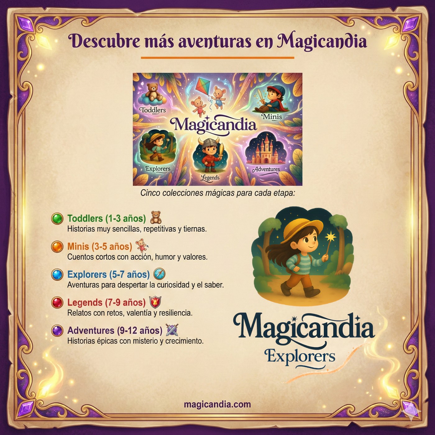 Página final de Magicandia: «Descubre más aventuras en Magicandia». Presenta las cinco colecciones con su edad: Toddlers de 1 a 3 años, historias muy sencillas, repetitivas y tiernas; Minis de 3 a 5, cuentos cortos con acción, humor y valores; Explorers de 5 a 7, aventuras para despertar la curiosidad y el saber; Legends de 7 a 9, relatos con retos, valentía y resiliencia; y Adventures de 9 a 12, historias épicas con misterio y crecimiento. A la derecha, una niña con sombrero y varita camina por un bosque bajo el rótulo de la colección Explorers.