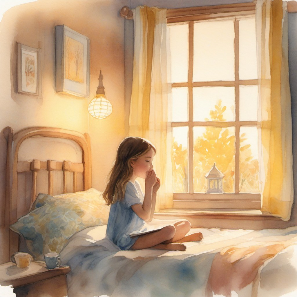 Nea, sentada en su cama con camisón azul y las manos juntas delante de la boca, mira hacia la ventana. A su lado tiene un cuaderno abierto. Entra una luz amarilla de amanecer y en el alféizar hay un farolillo pequeño, apagado.
