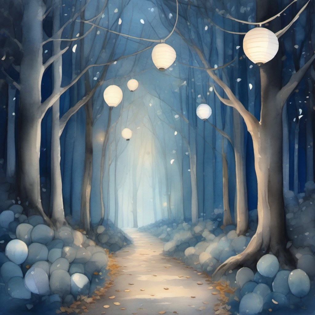 El camino del bosque de noche: farolillos de papel encendidos cuelgan entre las ramas, unos grandes y cerca y otros pequeños al fondo, y el sendero se pierde entre los troncos cubierto de hojas doradas.