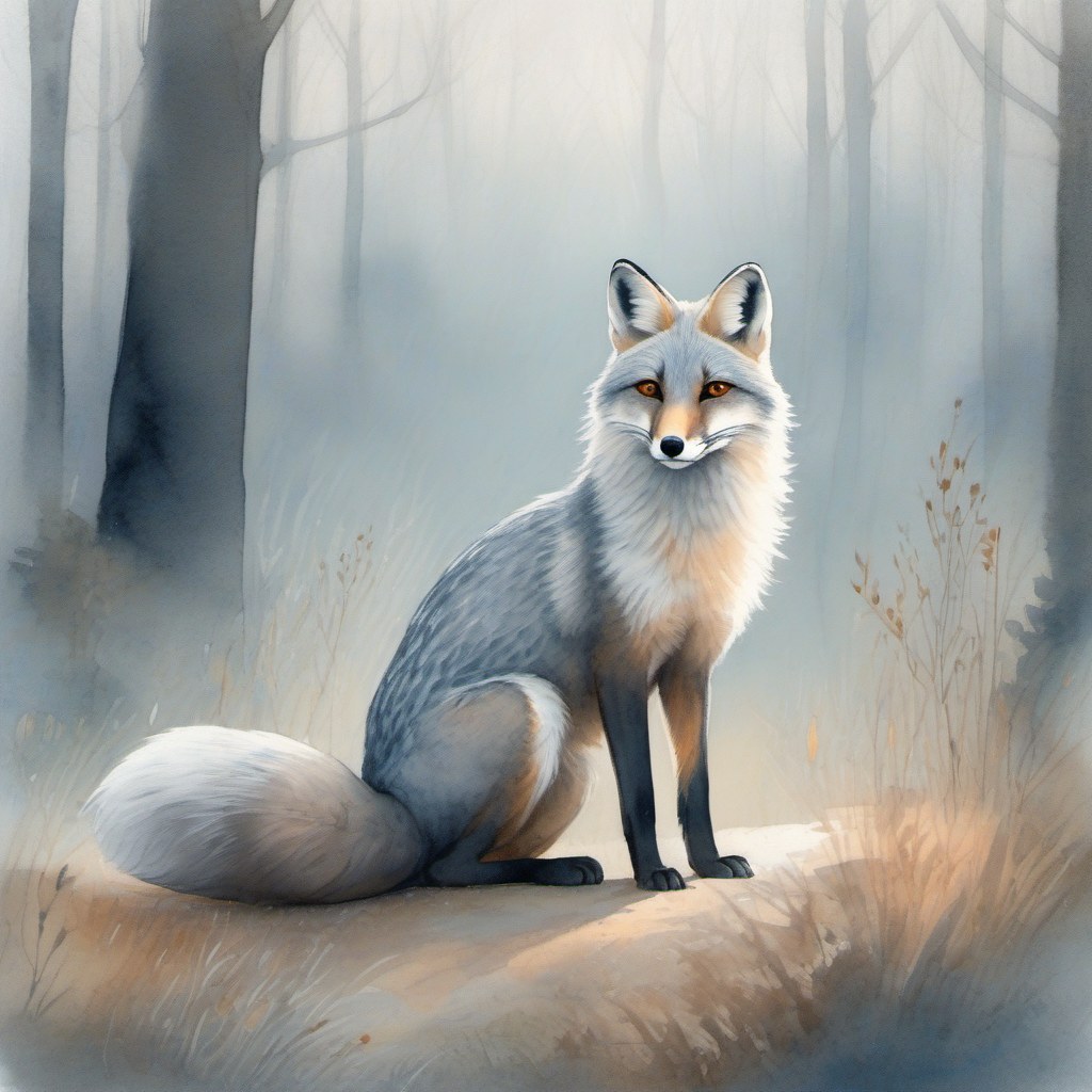 La Zorra de Niebla, de pelo gris y blanco y ojos naranjas, sentada muy quieta sobre un montículo, mirando de frente. Detrás, el bosque desdibujado por la niebla.