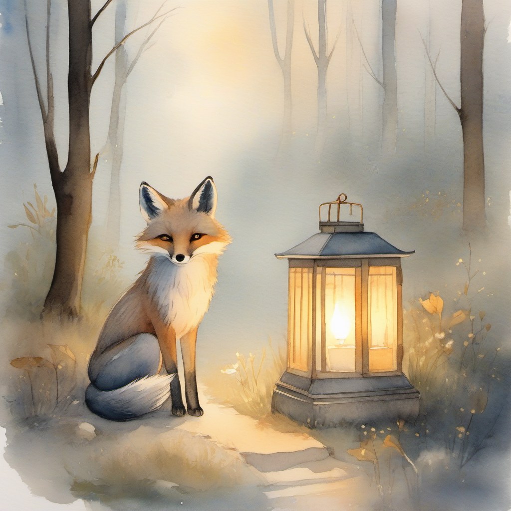 La zorrita, ahora pequeña y de pelo naranja, sentada en el camino junto a un farol encendido. La niebla se ha ido y alrededor hay hierba y flores amarillas.