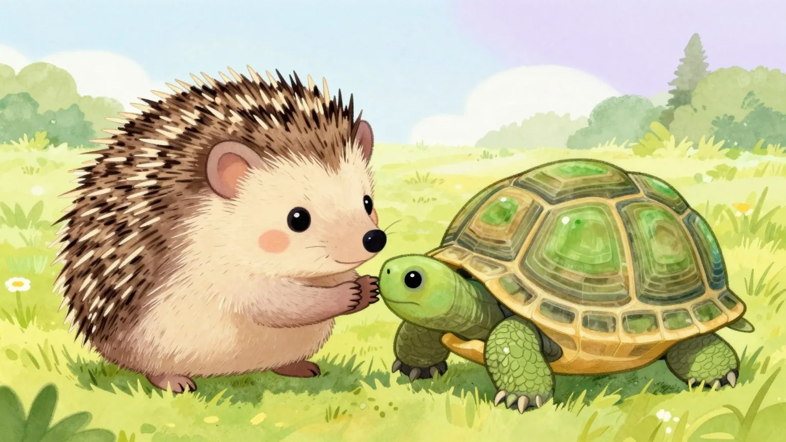 Pomporó apoya su patita junto a la de la tortuga, sin apretar