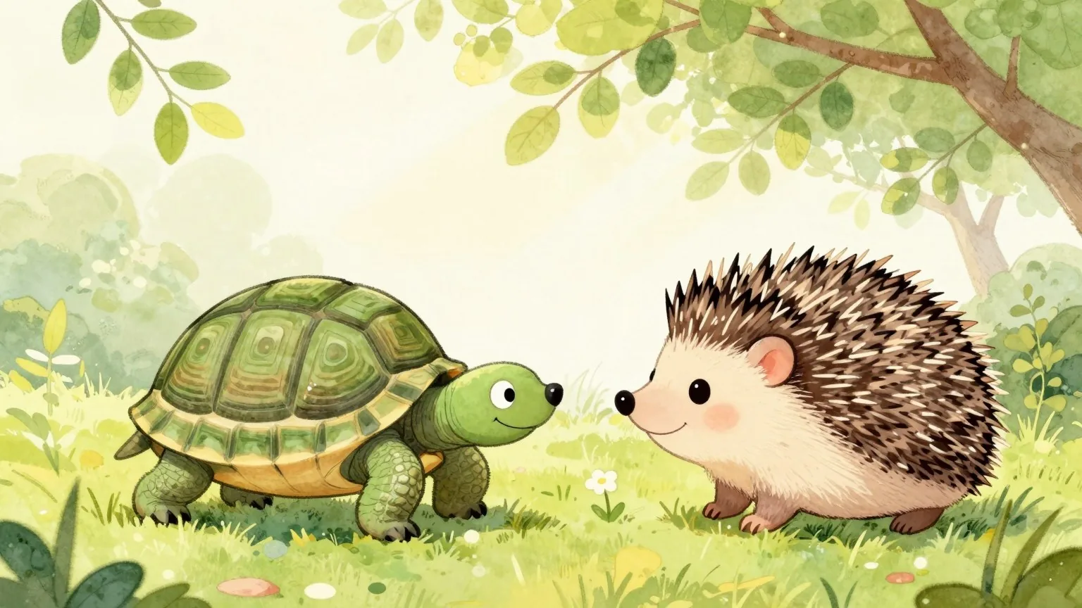 La tortuga y Pomporó se miran contentos