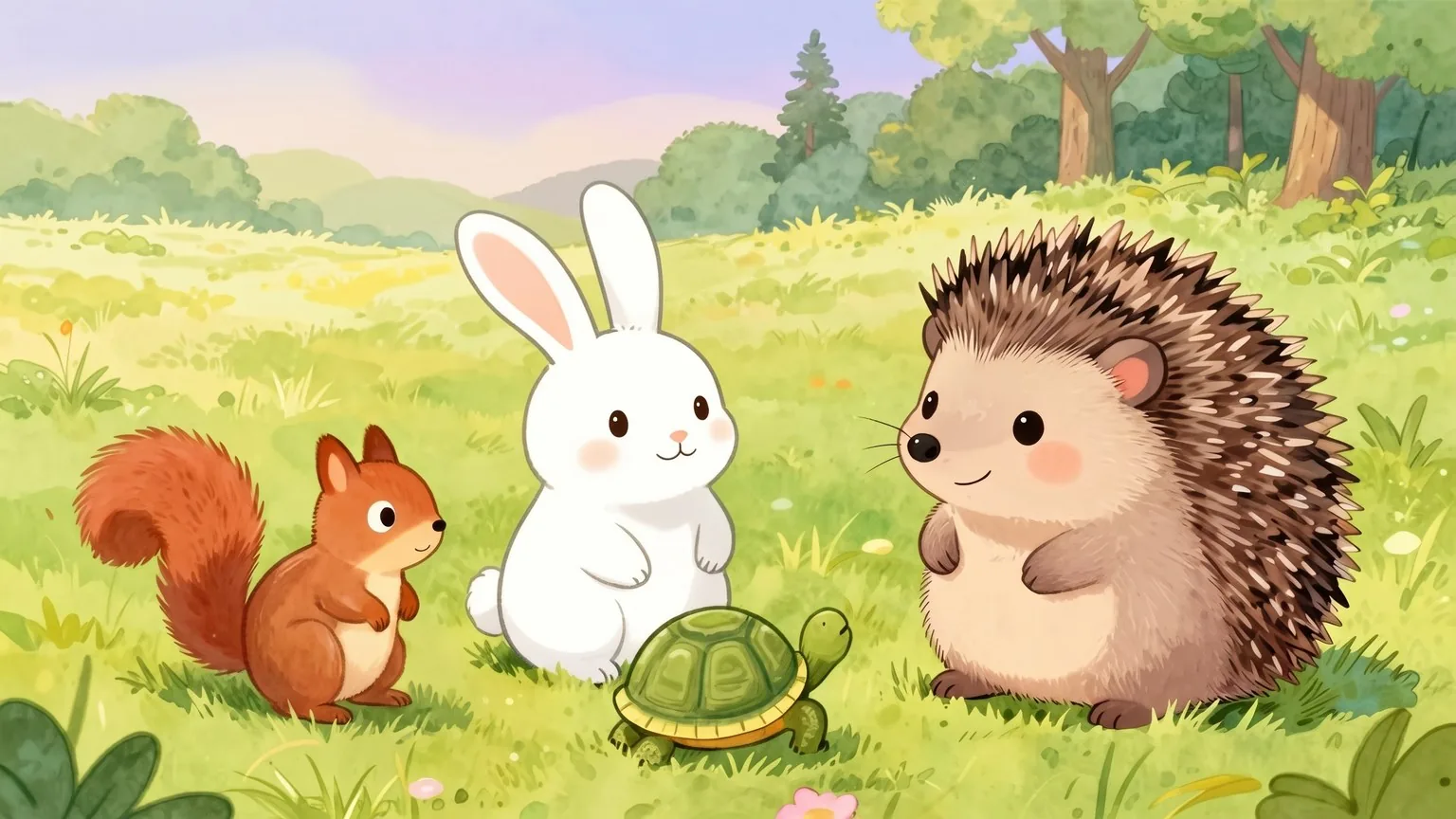 Pomporó con sus amigos alrededor: la ardilla, el conejo y la tortuga