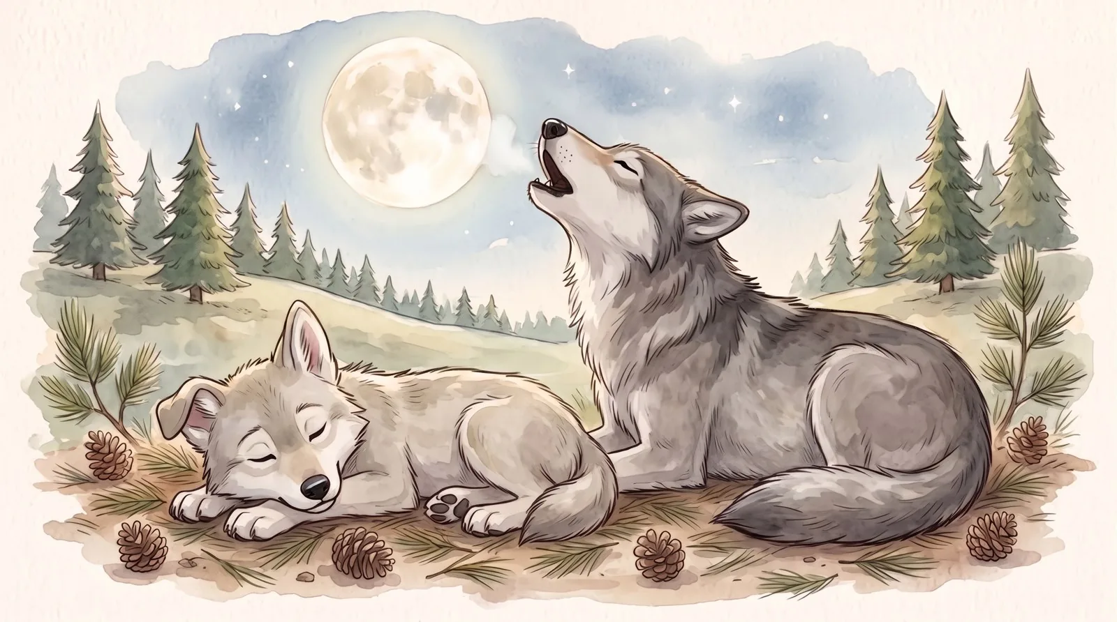 De noche, con luna llena, mamá loba aúlla suavecito junto a Kai, que duerme tranquilo
