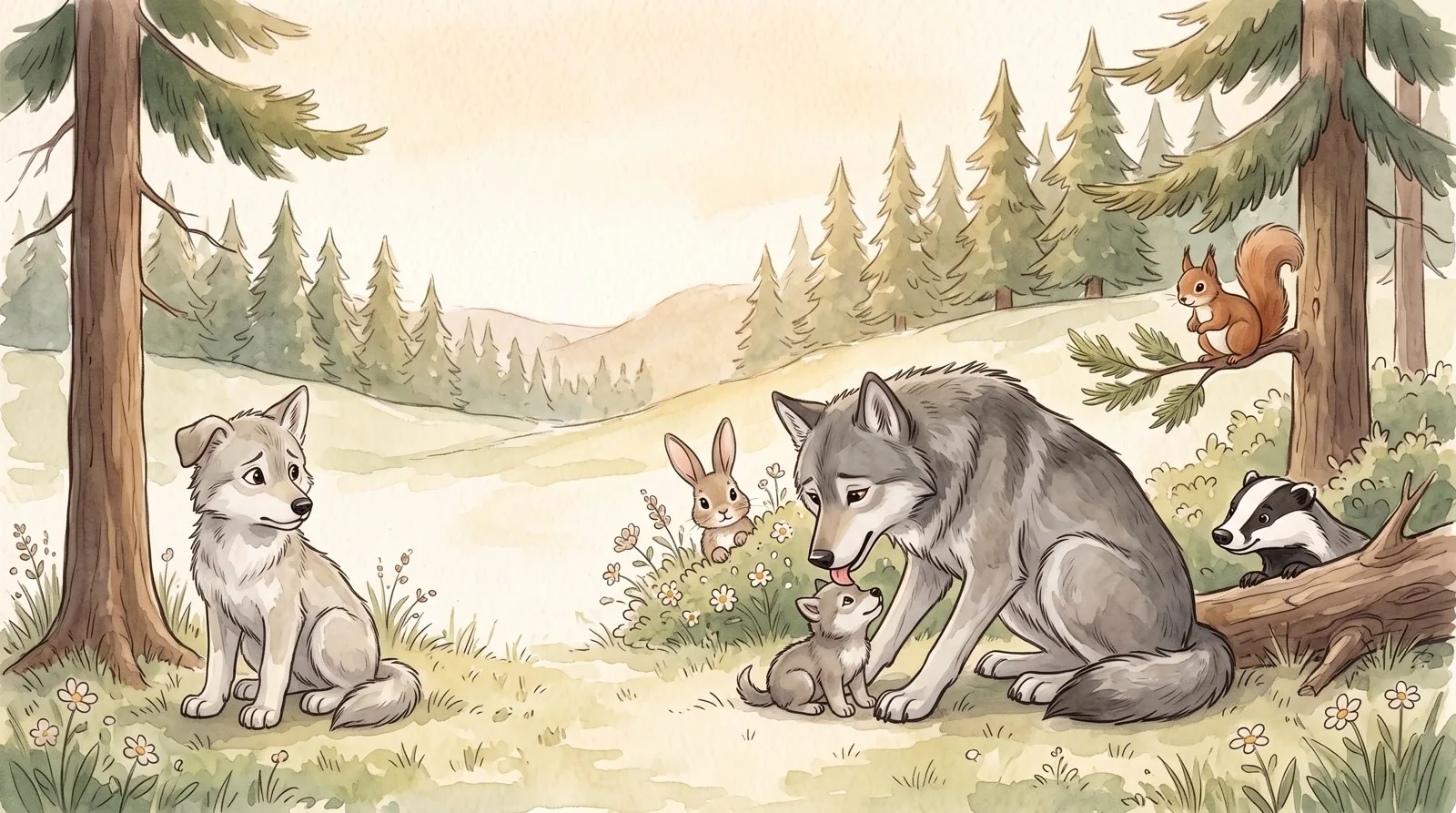 De día, mamá loba lame a la hermanita recién llegada; un conejo, una ardilla y un tejón miran curiosos; Kai está sentado solo, apartado