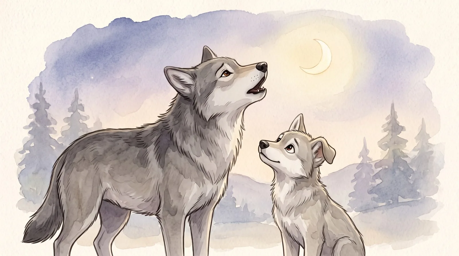 De noche, bajo la luna, mamá loba aúlla para Kai; Kai la mira y empieza a sonreír
