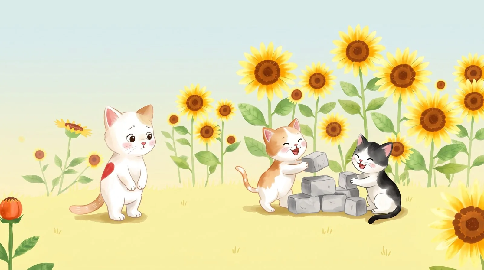 Mica, la gatita blanca con un corazón rojo en el lomo, se queda quieta a un lado; más allá, Kiko y Sami apilan piedras entre los girasoles