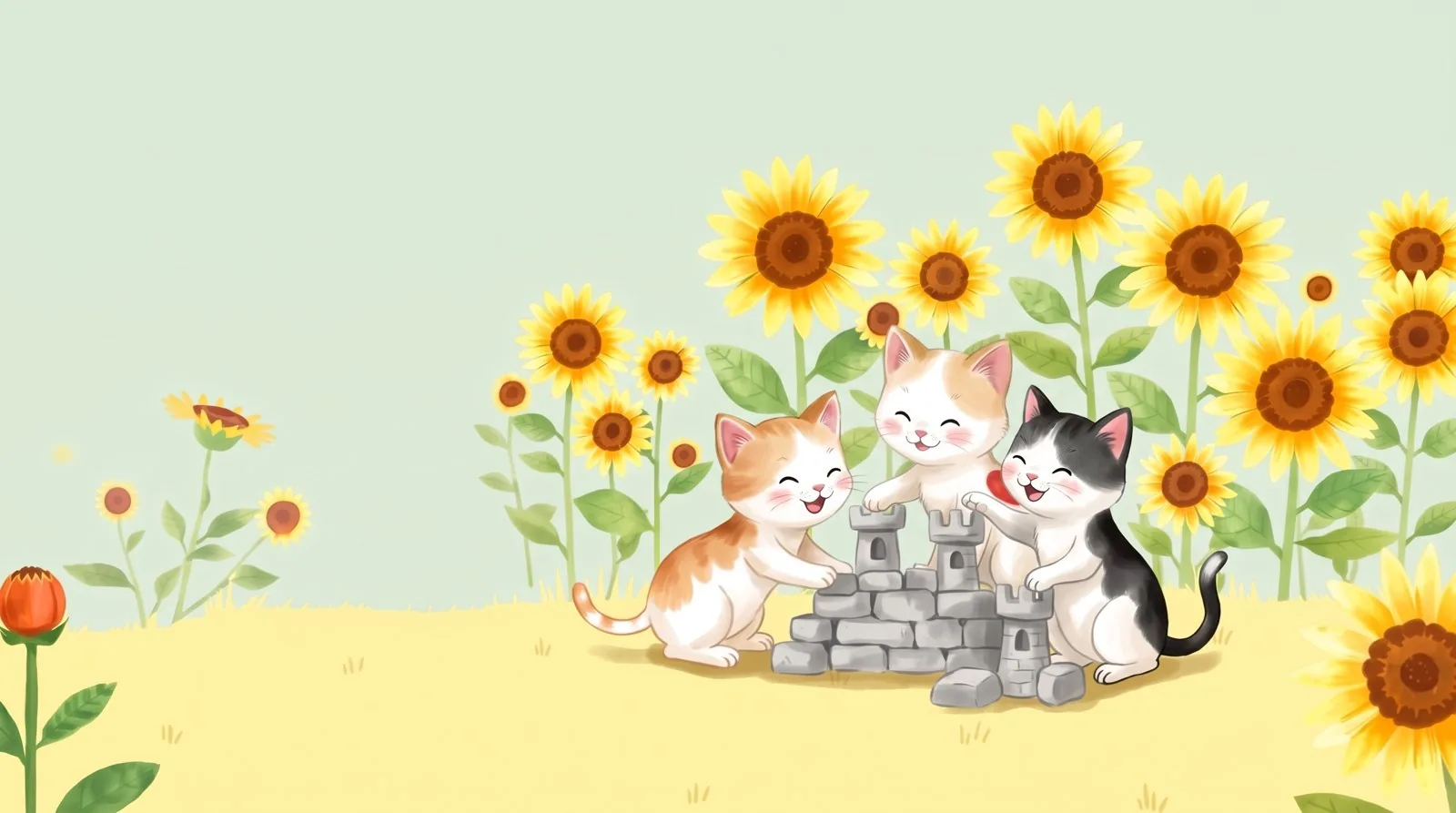 Los tres gatitos juegan juntos alrededor del castillo de piedras, que ya tiene tres torres
