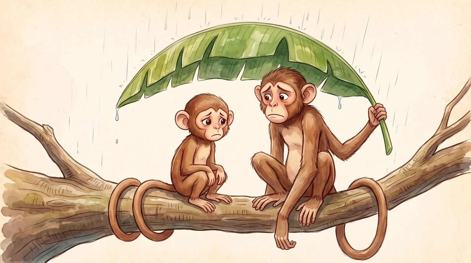 Mona y Bibo, sentados juntos en la rama bajo el paraguas de hoja, miran la lluvia
