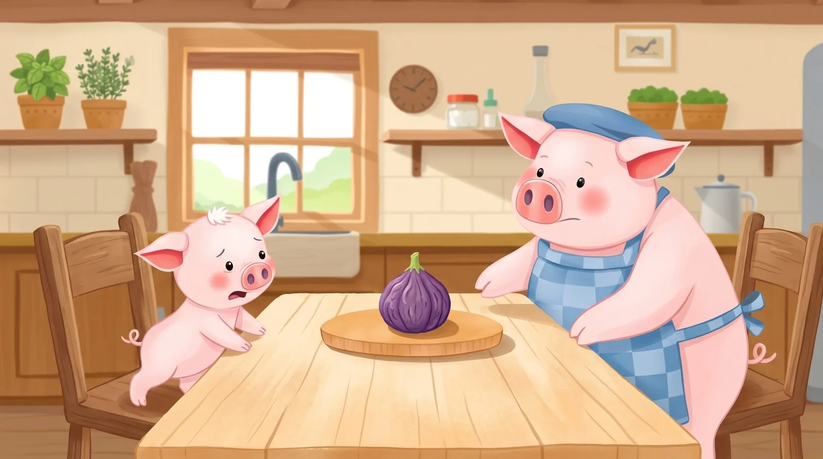La abuela cerda deja un higo morado y cerrado en la mesa de la cocina; Toby, el cerdito, se aparta con recelo