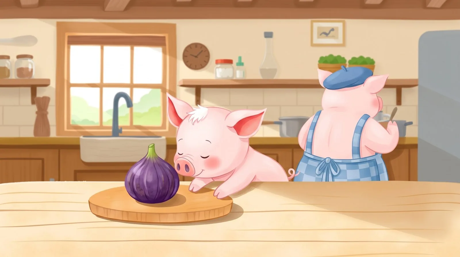 Toby, con los ojos cerrados, acerca el hocico al higo cerrado; la abuela, de espaldas, está en la cocina