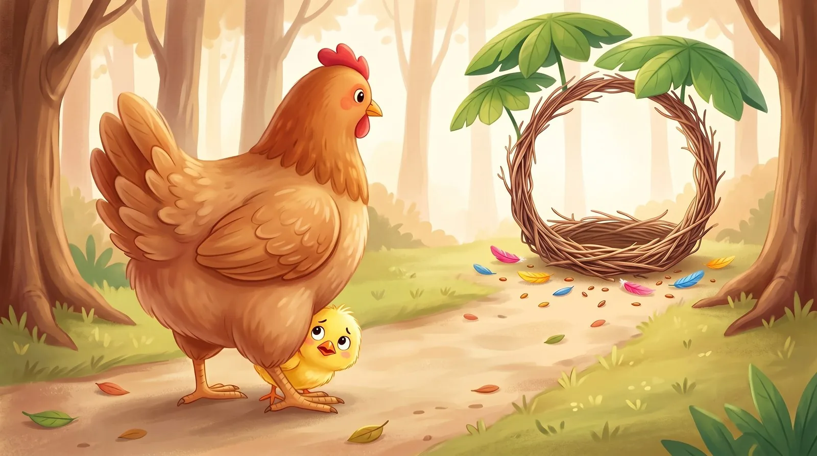 Toti, un pollito amarillo, se esconde detrás de las patas de su mamá gallina; al fondo, el círculo de ramitas del Nido-Escuela