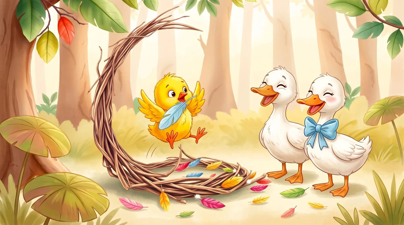 Toti salta y atrapa con el pico una pluma azul mientras dos patitos se ríen a su lado