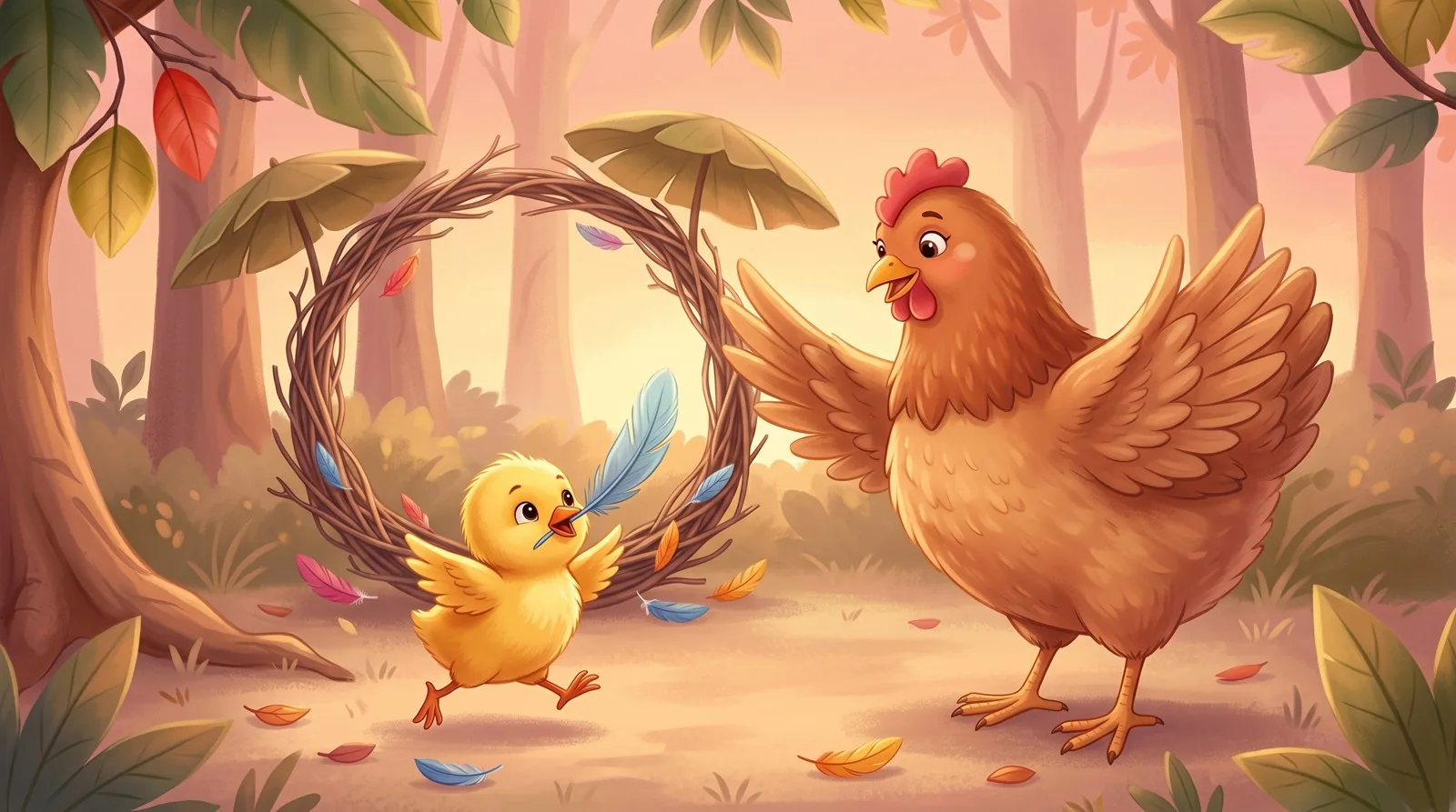 Al atardecer, Toti corre con su pluma azul hacia su mamá gallina, que lo espera con las alas abiertas