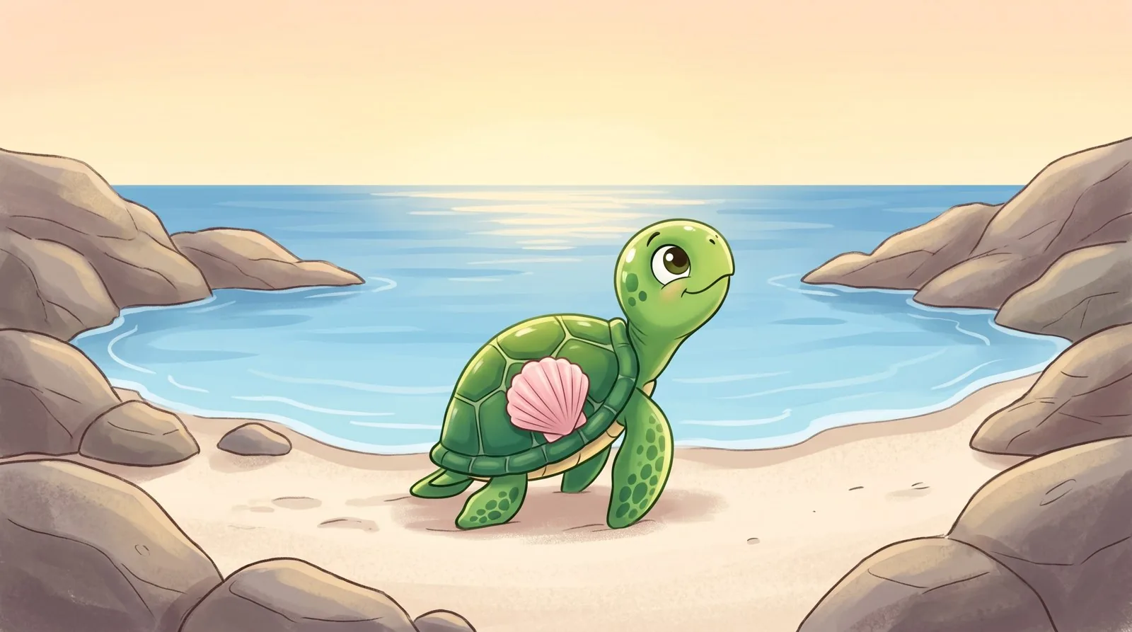 Tumi, una tortuguita verde, lleva una concha rosa remetida en el caparazón, en una cala de rocas