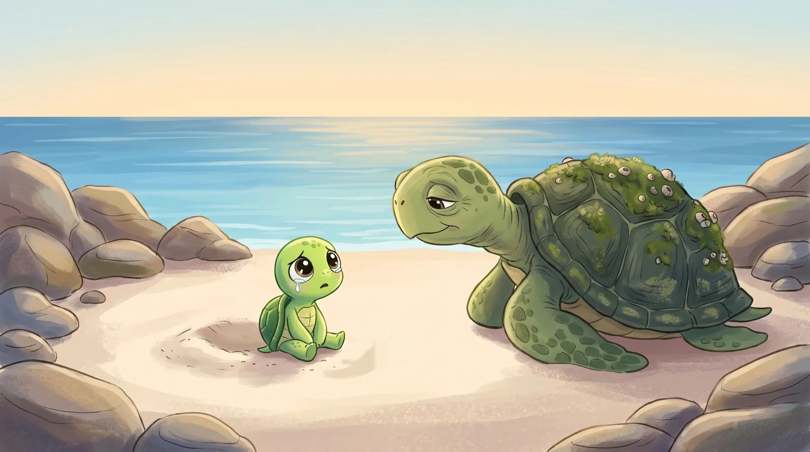 Tumi, sentada en la arena, y su abuela tortuga que se acerca despacio