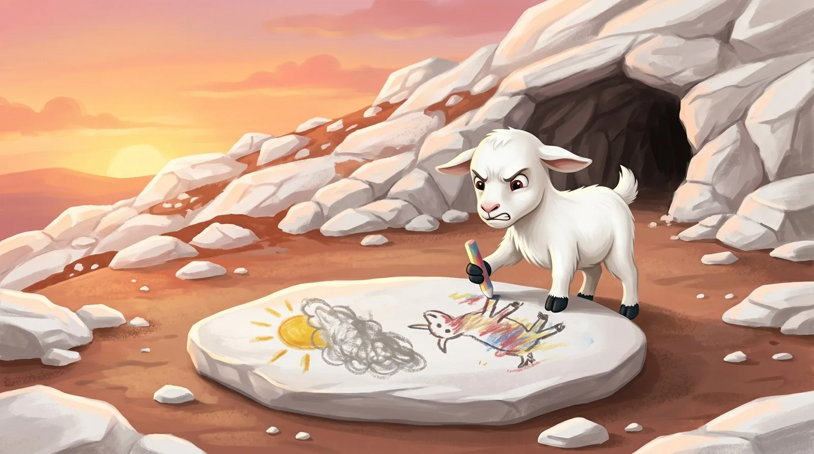 Vico, el cabritillo blanco, dibuja con tiza sobre una losa: un sol con una nube gris encima y un animalito de colores con las patas torcidas
