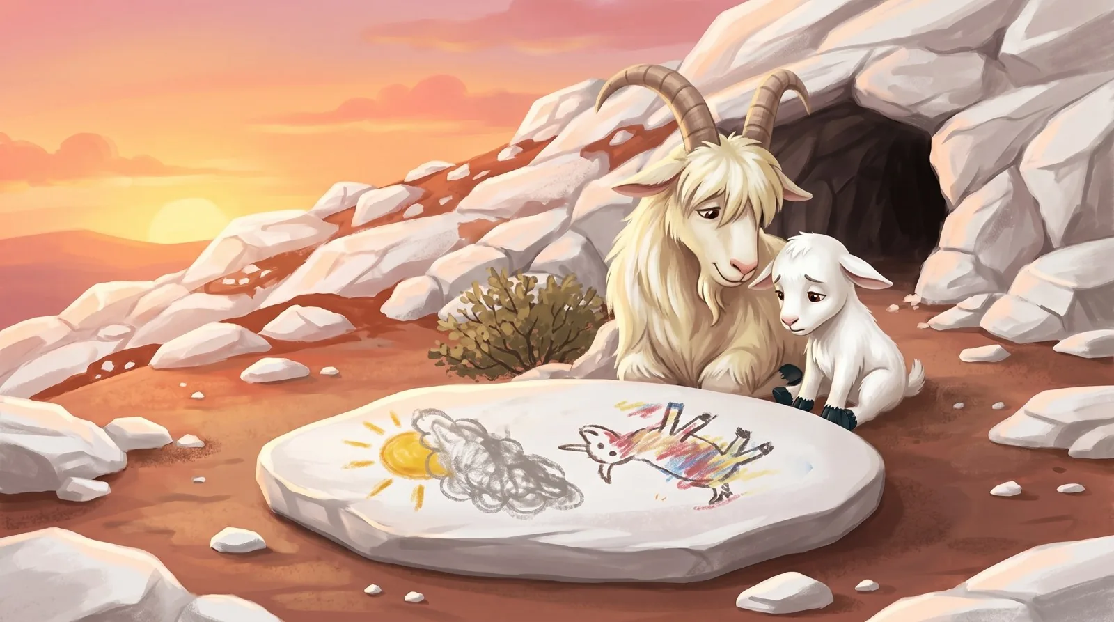 Papá cabra, agachado junto a Vico, mira la losa blanca con el dibujo: el sol tapado por la nube y el animalito de colores