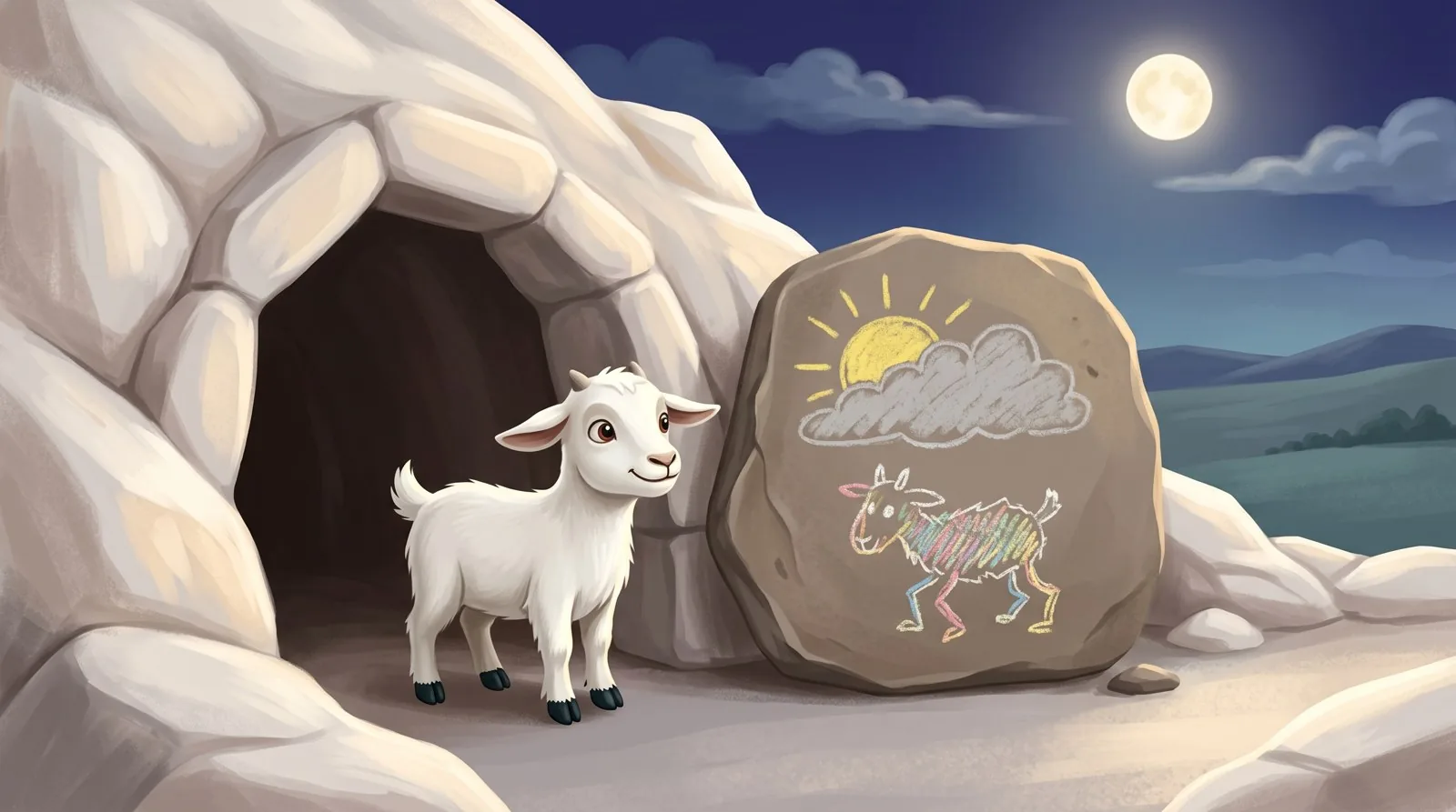 De noche, bajo la luna, la piedra con el dibujo está de pie en la entrada de la cueva y Vico la mira contento